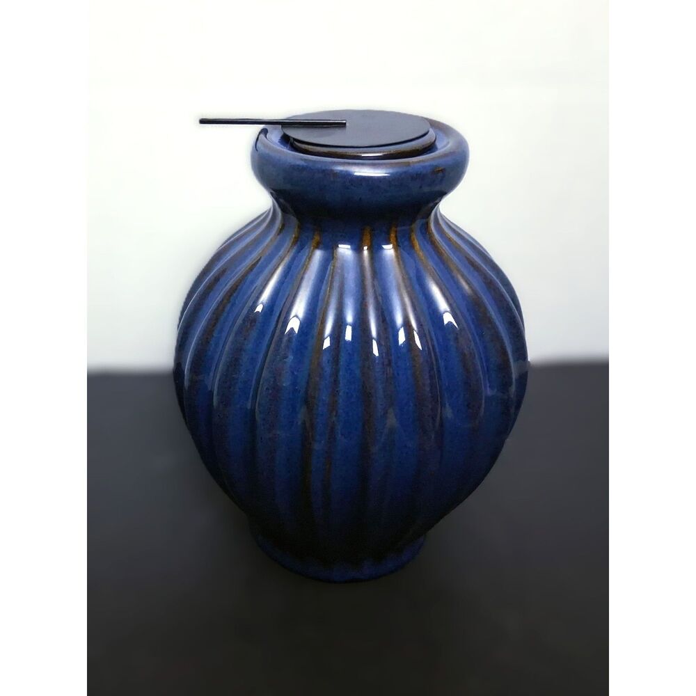 Art Pottery Style Rustic Blue Glazed Pleated Ceramic Vase Style Candleholder